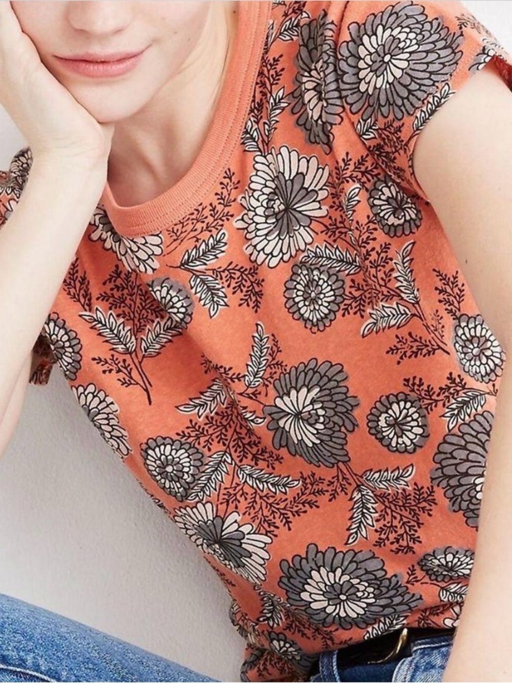 Madewell Coral Floral Crewneck Tee